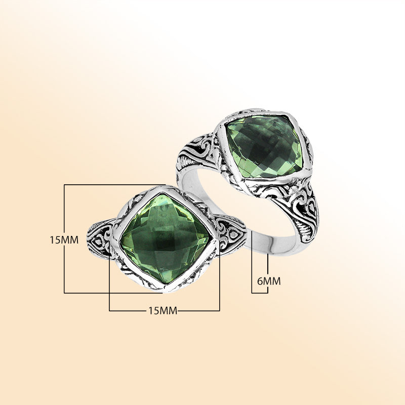 Sterling Silver Green Amethyst Quartz Cushion Statement Ring With Balinese Motif