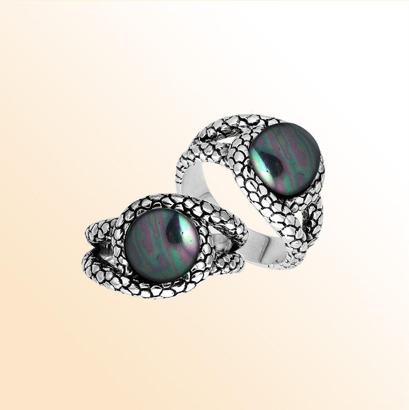 Sterling Silver Gray Pearl Round Shape Statement Ring With Artistic Design