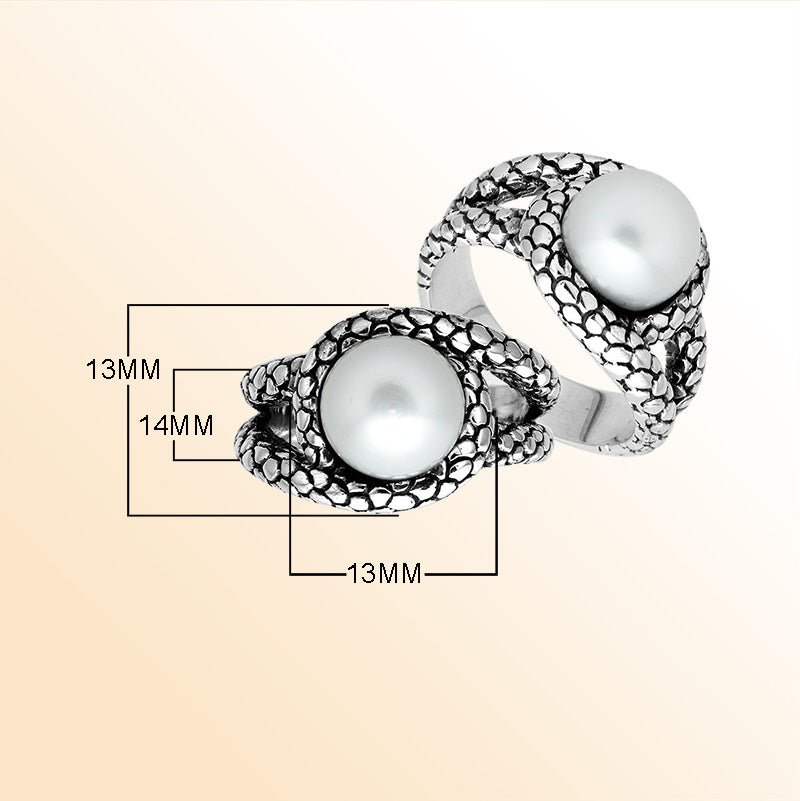 Sterling Silver White Pearl Round Shape Statement Ring With Artistic Design