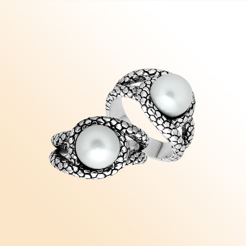 Sterling Silver White Pearl Round Shape Statement Ring With Artistic Design