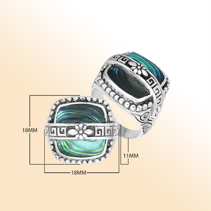 Sterling Silver Abalone Shell Rectangular Statement Ring With Floral Artistic Design