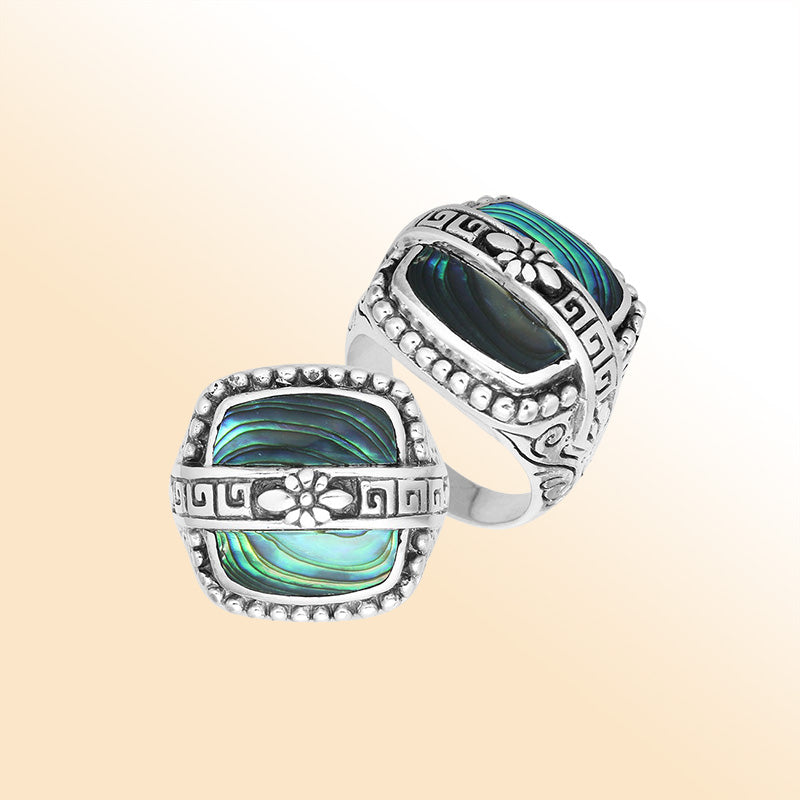 Sterling Silver Abalone Shell Rectangular Statement Ring With Floral Artistic Design