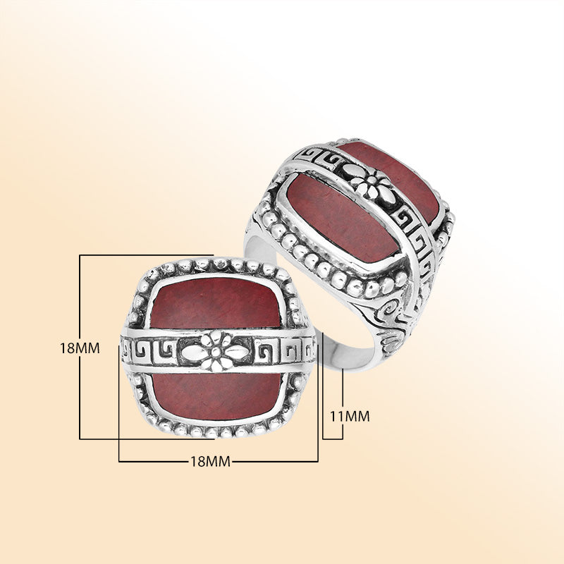Sterling Silver Red Coral Rectangular Statement Ring With Floral Artistic Design
