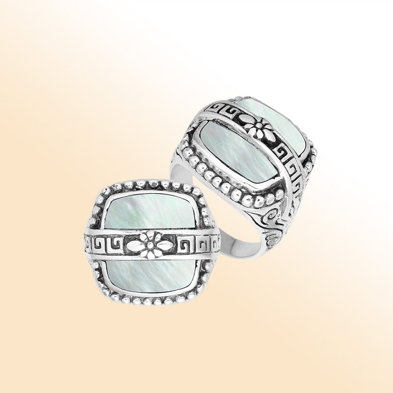 Sterling Silver Mother Of Pearl Rectangular Statement Ring With Floral Artistic Design