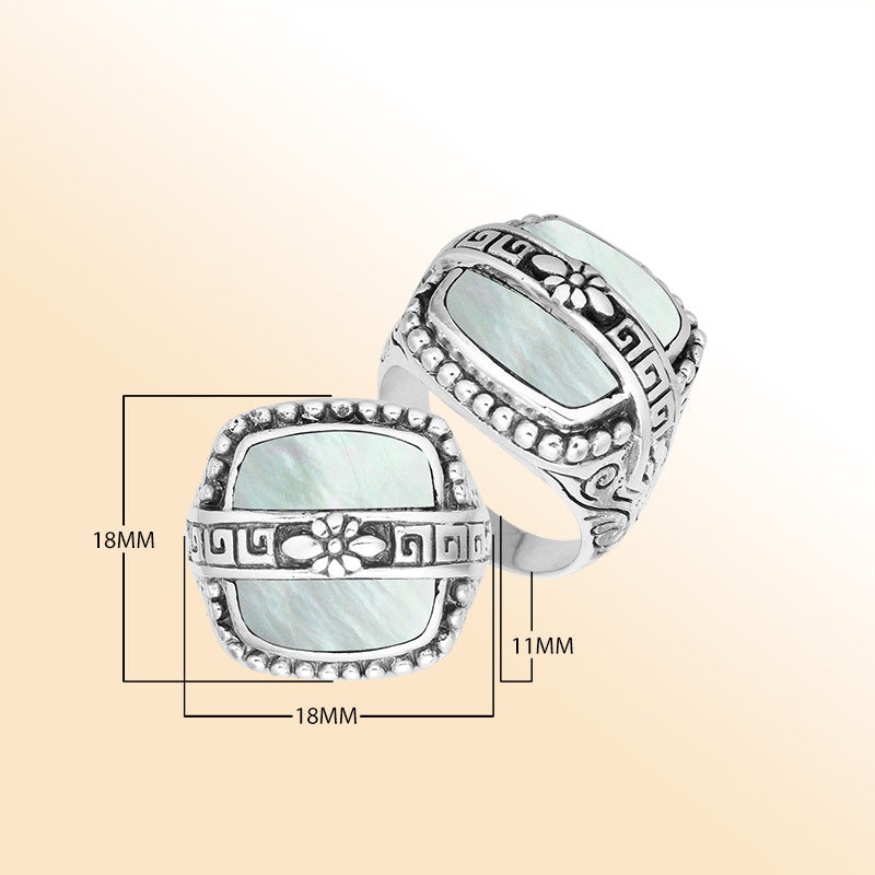 Sterling Silver Mother Of Pearl Rectangular Statement Ring With Floral Artistic Design