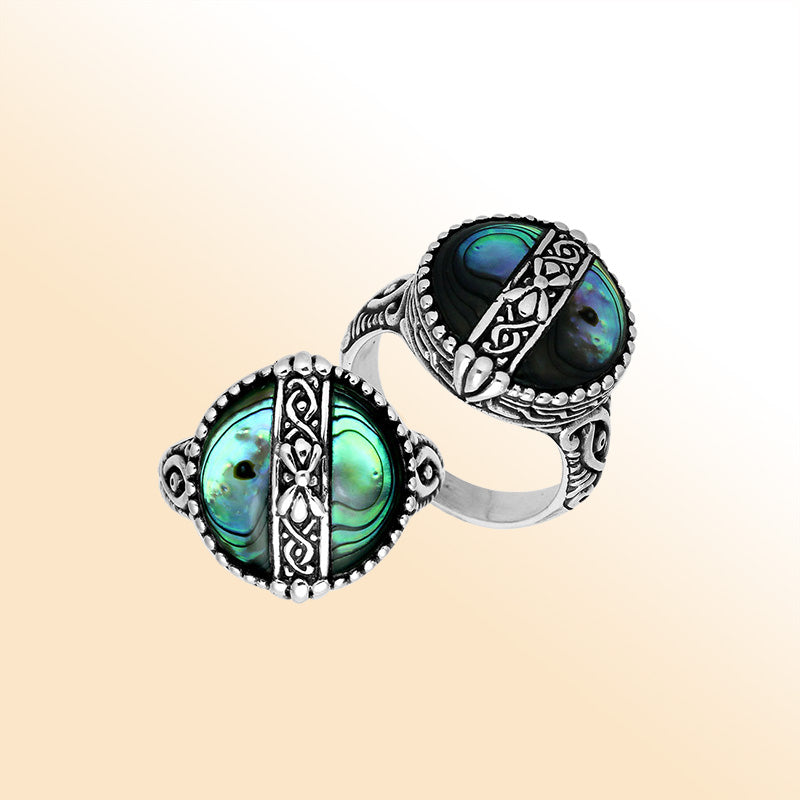 Sterling Silver Abalone Shell Round Shape Statement Ring With Balinese Artistic Design