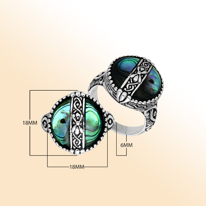 Sterling Silver Abalone Shell Round Shape Statement Ring With Balinese Artistic Design