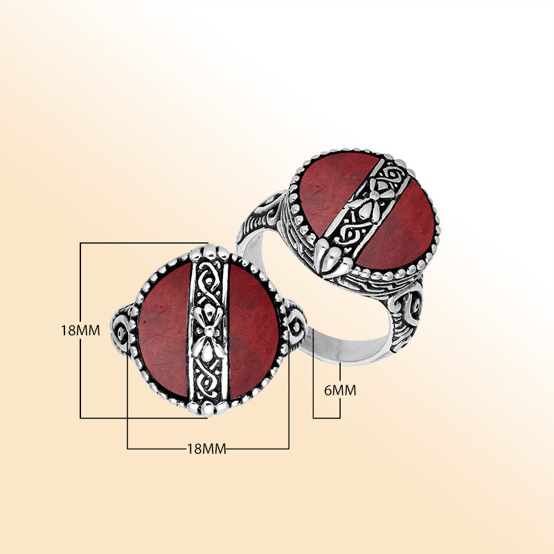 Sterling Silver Red Coral Round Shape Statement Ring With Balinese Artistic Design