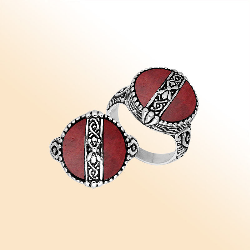 Sterling Silver Red Coral Round Shape Statement Ring With Balinese Artistic Design