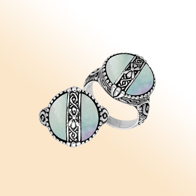 Sterling Silver Mother Of Pearl Round Shape Statement Ring With Balinese Artistic Design