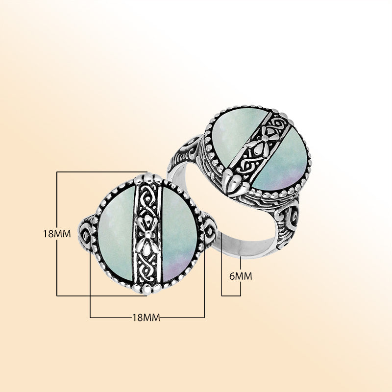 Sterling Silver Mother Of Pearl Round Shape Statement Ring With Balinese Artistic Design