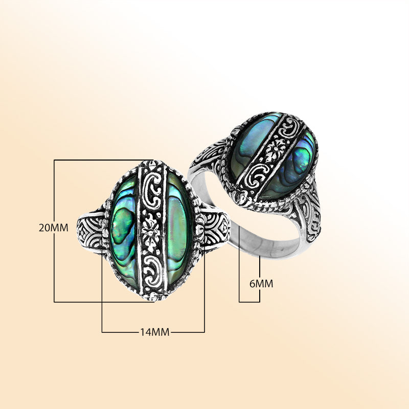 Sterling Silver Abalone Shell Oval Shape Statement Ring With Balinese Artistic Design