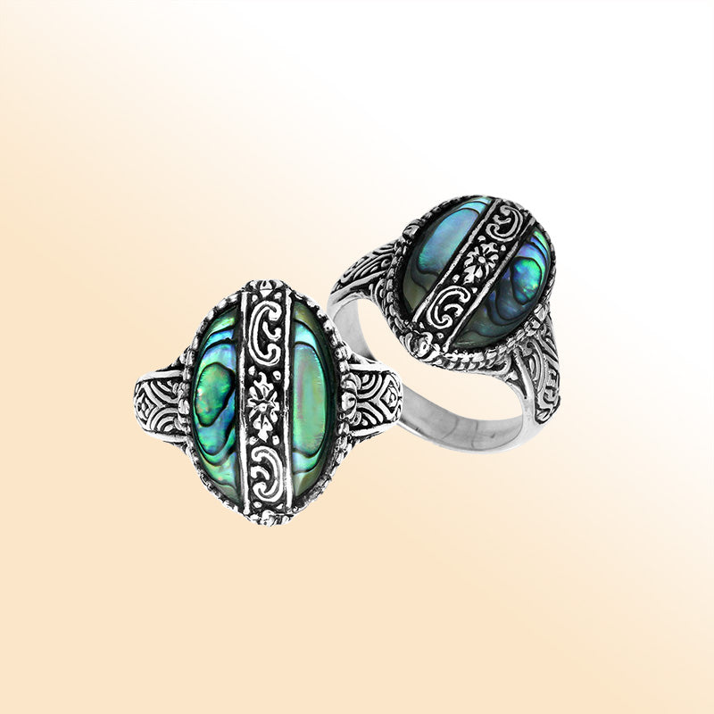 Sterling Silver Abalone Shell Oval Shape Statement Ring With Balinese Artistic Design
