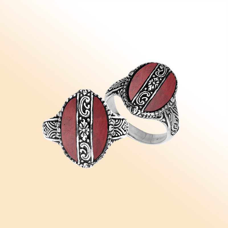 Sterling Silver Red Coral Oval Shape Statement Ring With Balinese Artistic Design