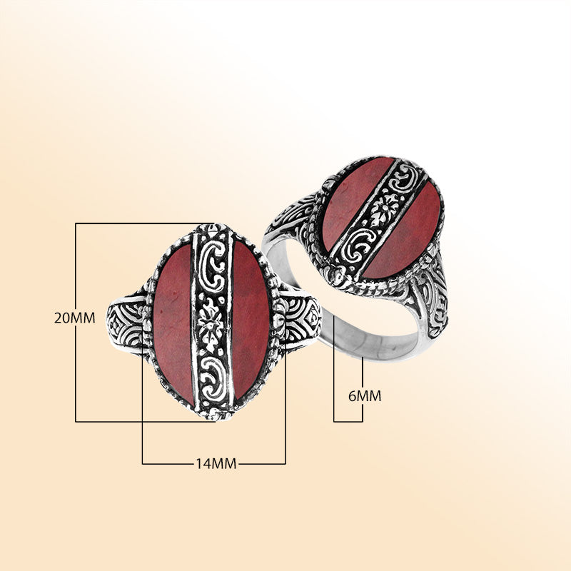 Sterling Silver Red Coral Oval Shape Statement Ring With Balinese Artistic Design