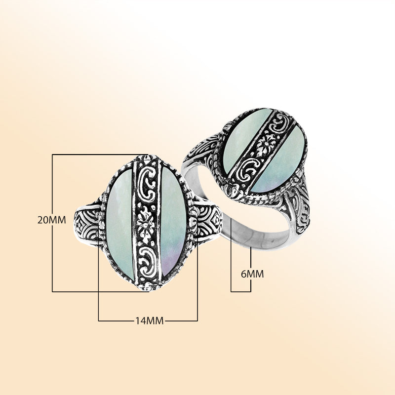 Sterling Silver Mother Of Pearl Oval Shape Statement Ring With Balinese Artistic Design