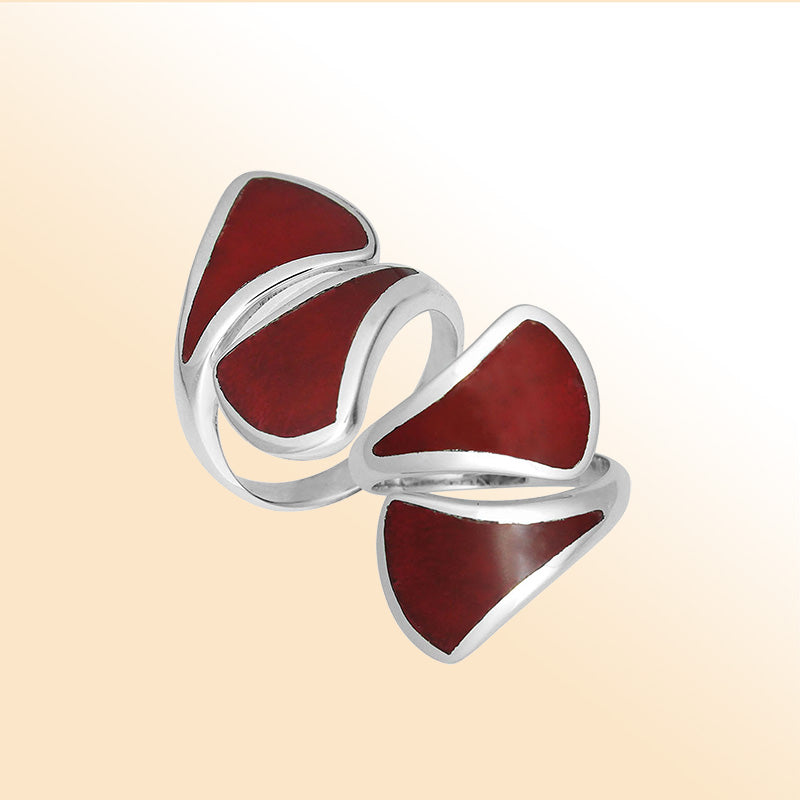 Sterling Silver Red Coral Modern Open Shape Statement Ring With Artistic Design