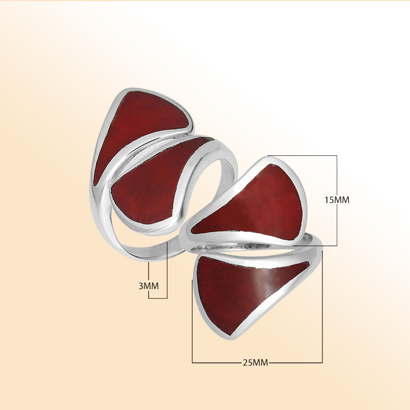 Sterling Silver Red Coral Modern Open Shape Statement Ring With Artistic Design