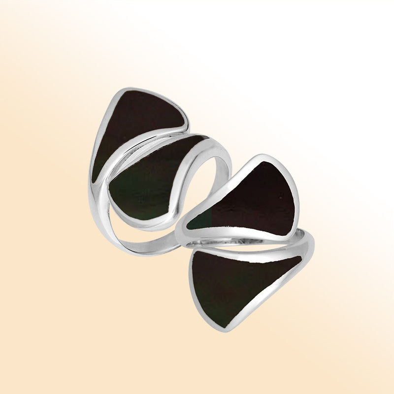 Sterling Silver Black Shell Modern Open Shape Statement Ring With Artistic Design