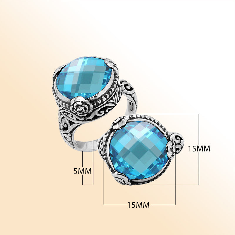 Sterling Silver Blue Topaz Quartz Round Shape Floral Balinese Statement Ring