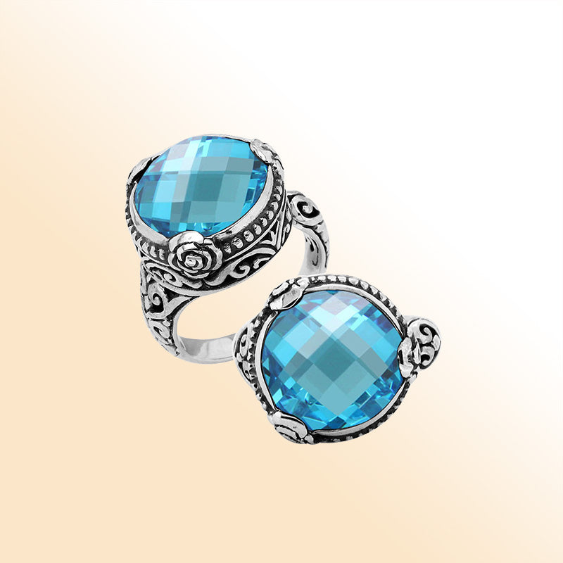 Sterling Silver Blue Topaz Quartz Round Shape Floral Balinese Statement Ring