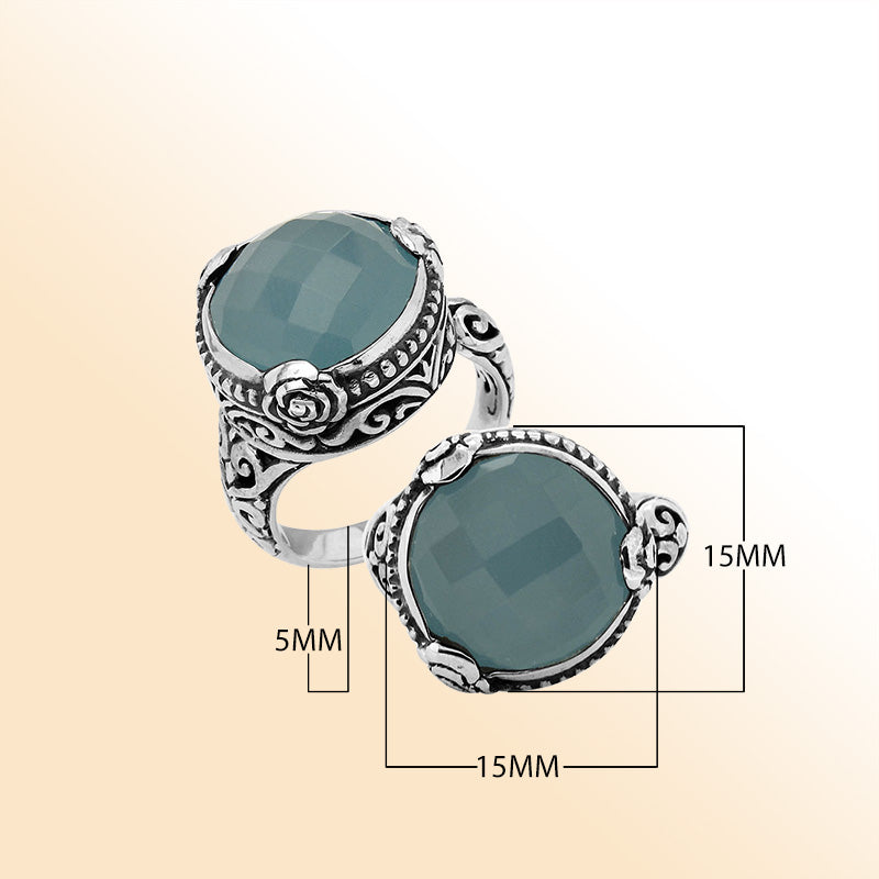Sterling Silver Floral Balinese Round Shape Statement Ring With Blue Chalcedony Quartz