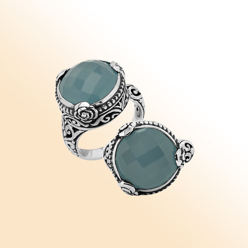 Sterling Silver Floral Balinese Round Shape Statement Ring With Blue Chalcedony Quartz