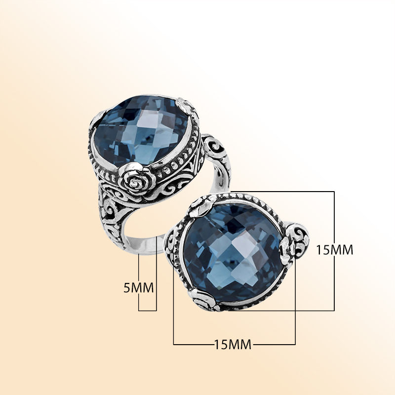Sterling Silver London Blue Topaz Quartz Round Shape Floral Balinese Statement Ring