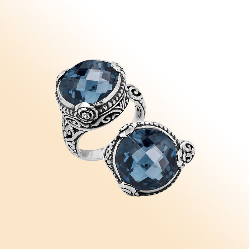 Sterling Silver London Blue Topaz Quartz Round Shape Floral Balinese Statement Ring