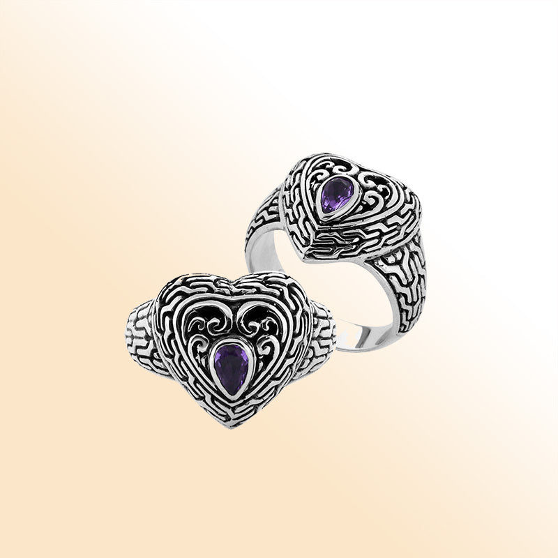 Sterling Silver Amethyst Quartz Heart Shape Balinese Vintage Statement Ring