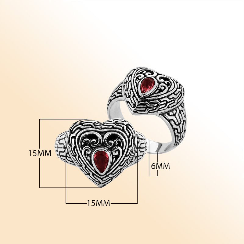 Sterling Silver Garnet Quartz Heart Shape Balinese Vintage Statement Ring