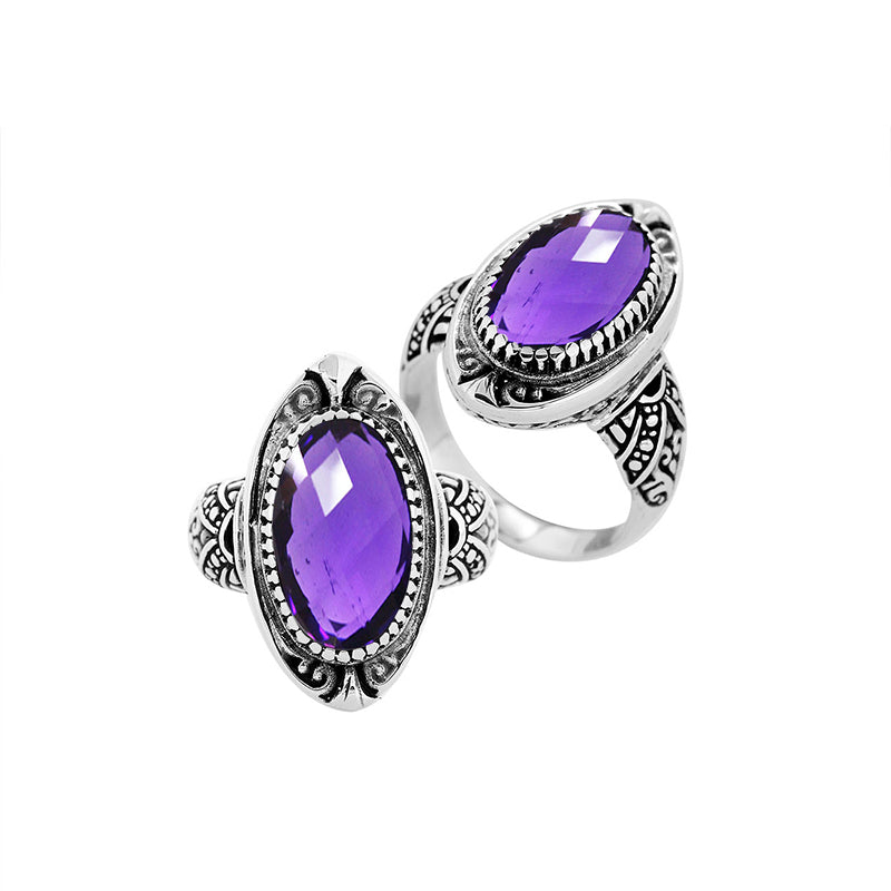 Sterling Silver Amethyst Quartz Oval Shape Balinese Vintage Statement Ring