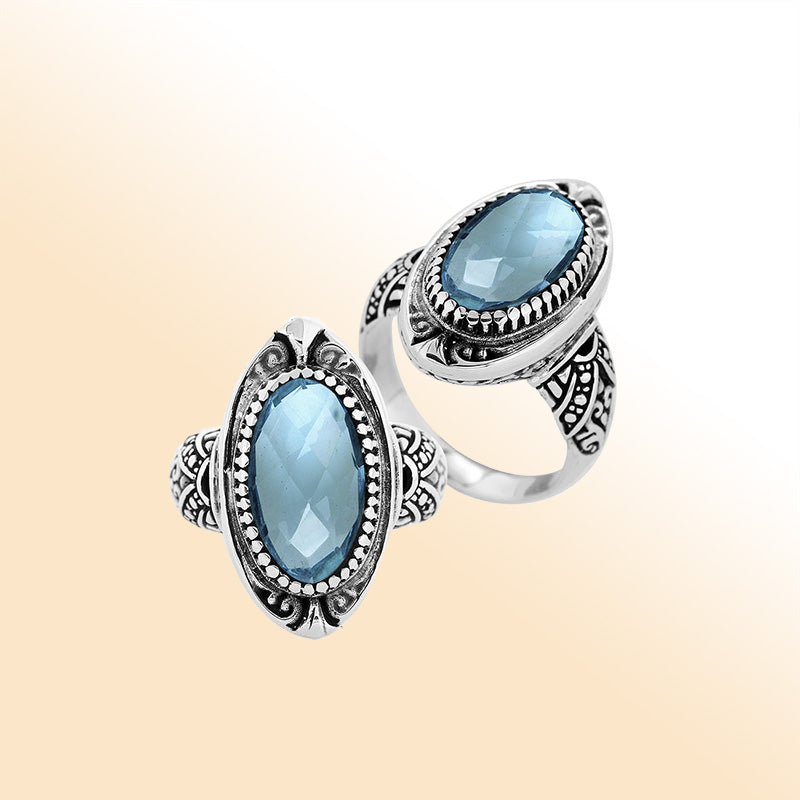 Sterling Silver Blue Topaz Quartz Oval Shape Balinese Vintage Statement Ring