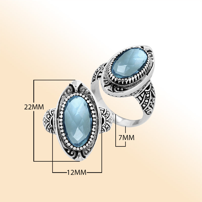 Sterling Silver Blue Topaz Quartz Oval Shape Balinese Vintage Statement Ring