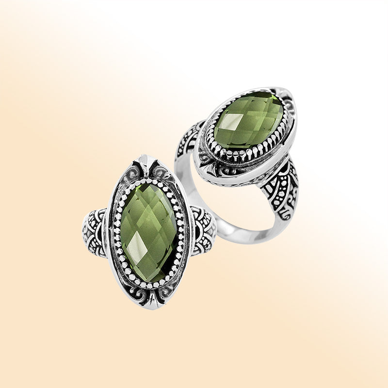 Sterling Silver Green Amethyst Quartz Oval Shape Balinese Vintage Statement Ring
