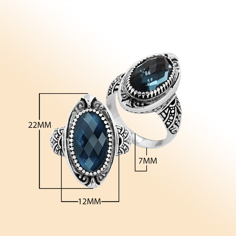 Sterling Silver London Blue Topaz Quartz Oval Shape Balinese Vintage Statement Ring