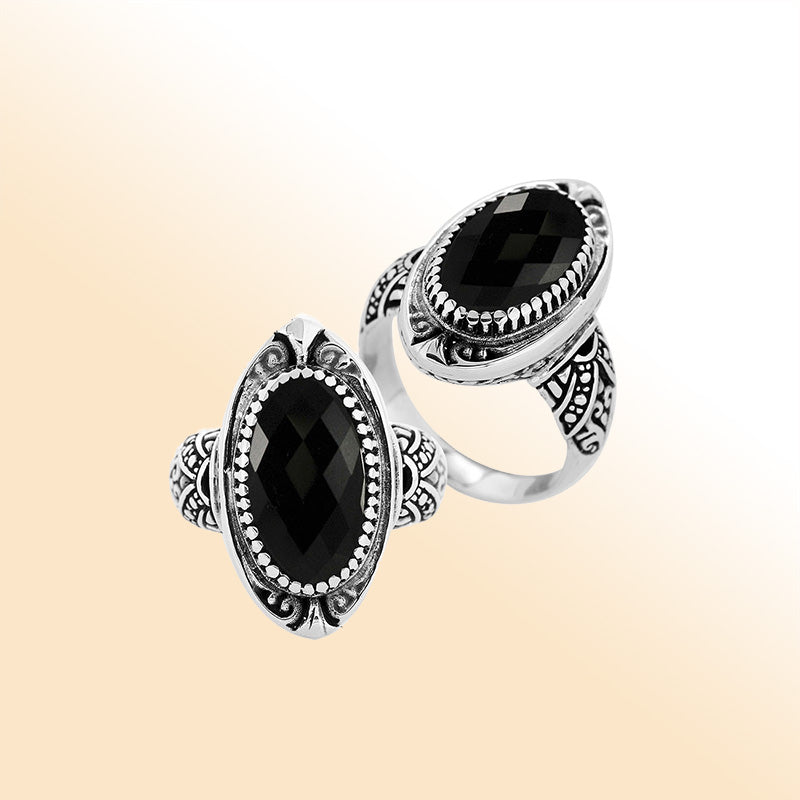 Elegant sterling silver Black Onyx oval ring with Balinese handcrafted detailing