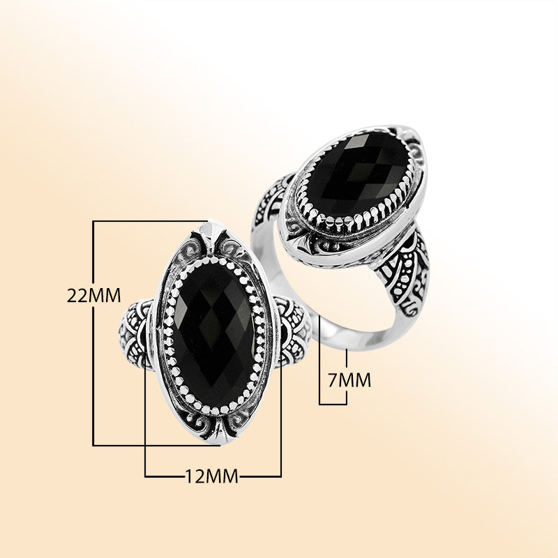 Elegant sterling silver Black Onyx oval ring with Balinese handcrafted detailing