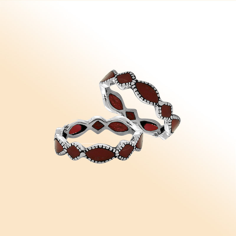 Elegant sterling silver Red Coral wave band ring with Balinese handcrafted detailing