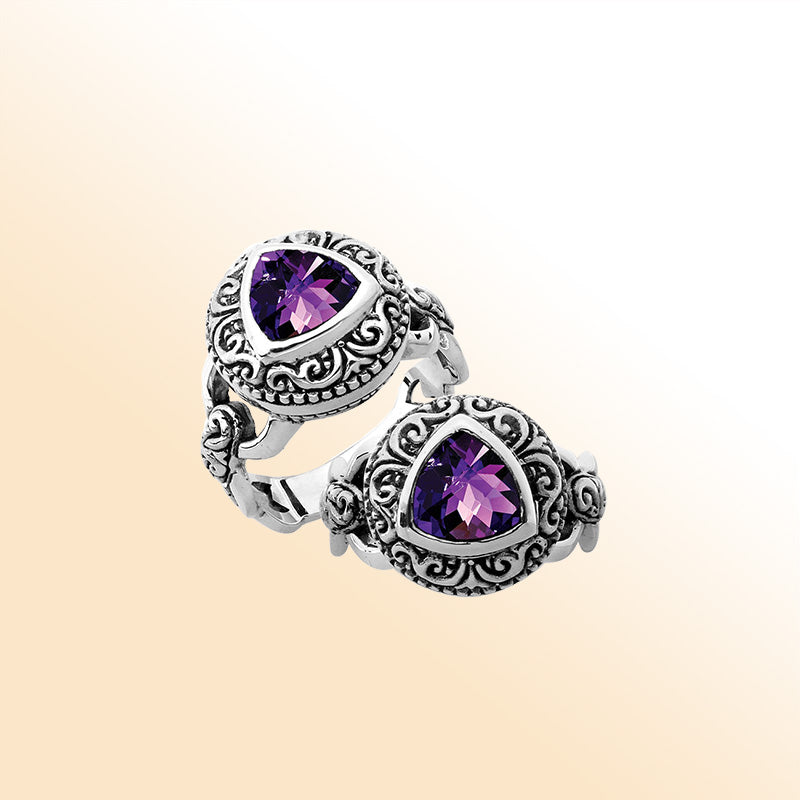 Elegant sterling silver triangle shape Amethyst Quartz ring with Balinese handcrafted detailing