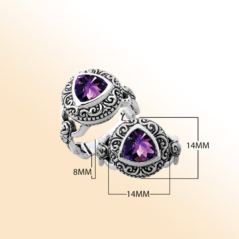 Elegant sterling silver triangle shape Amethyst Quartz ring with Balinese handcrafted detailing