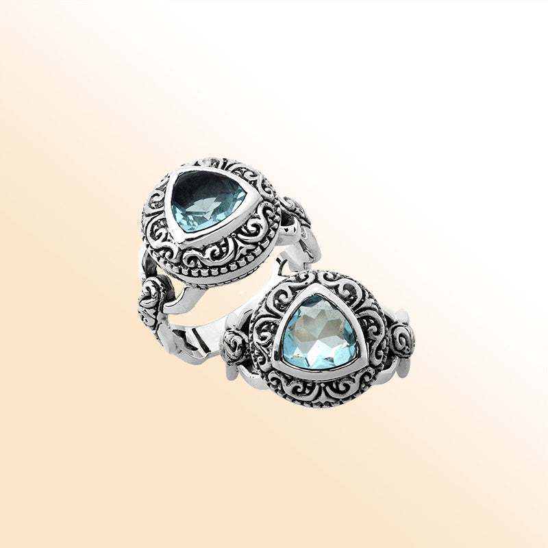 Elegant sterling silver triangle shape Blue Topaz Quartz ring with Balinese handcrafted detailing