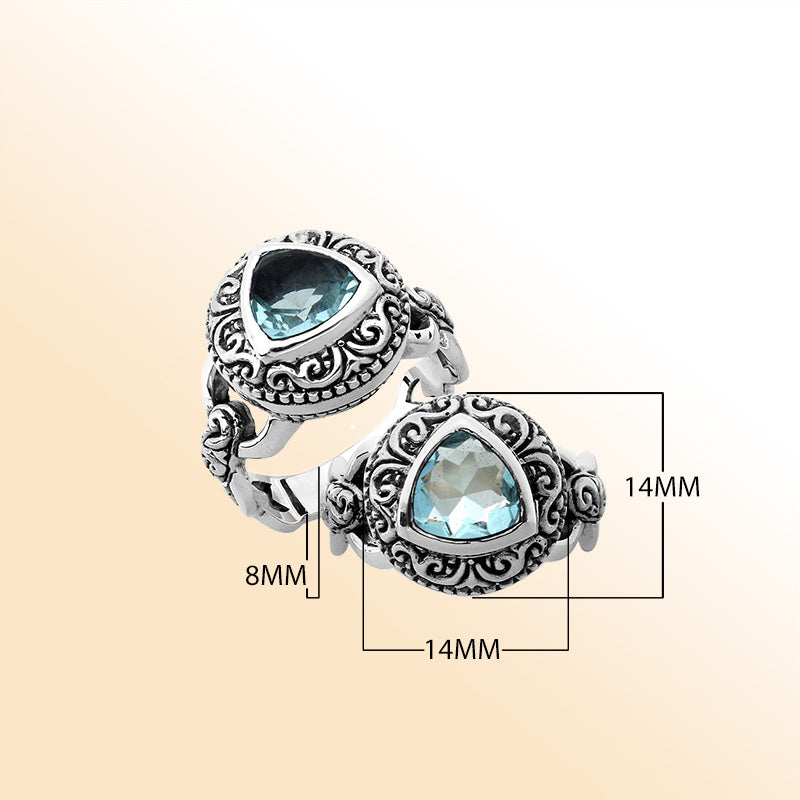 Elegant sterling silver triangle shape Blue Topaz Quartz ring with Balinese handcrafted detailing
