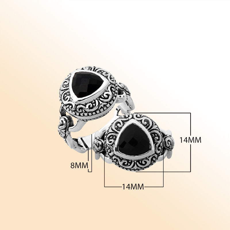 Elegant sterling silver triangle shape Black Onyx ring with Balinese handcrafted detailing