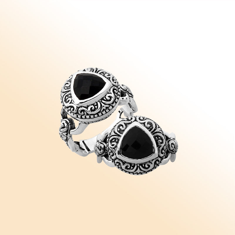 Elegant sterling silver triangle shape Black Onyx ring with Balinese handcrafted detailing