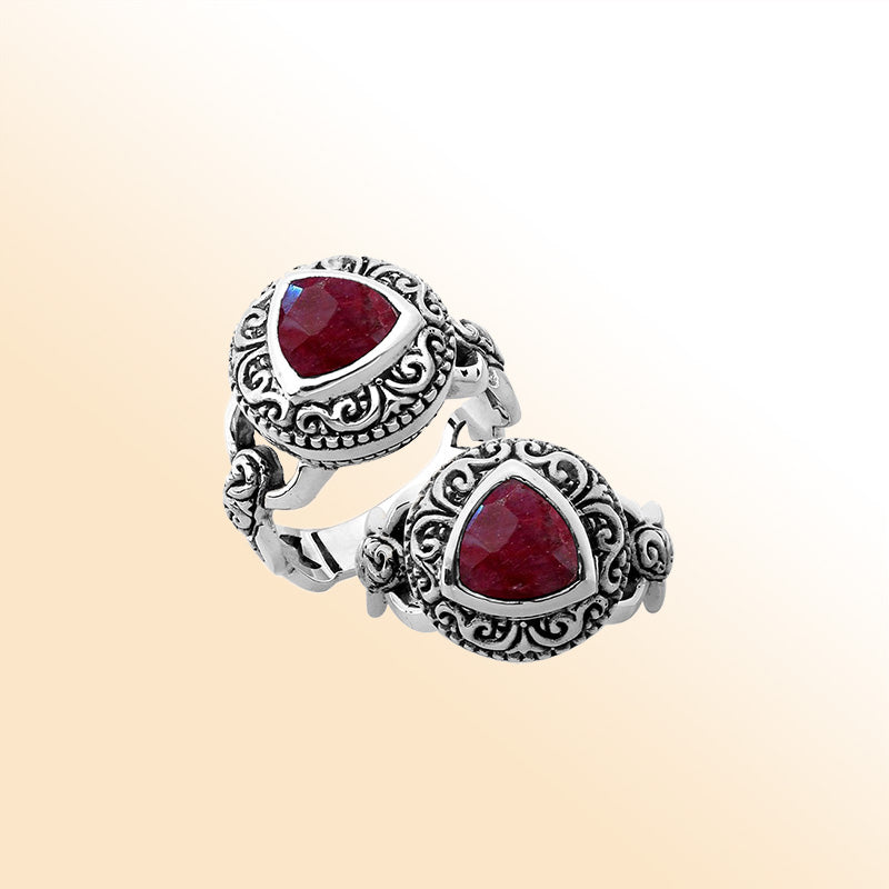 Elegant sterling silver triangle shape Ruby ring with Balinese handcrafted detailing