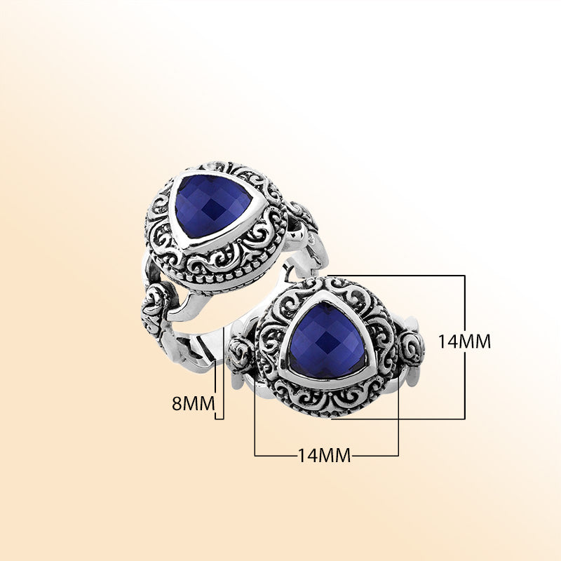 Elegant sterling silver triangle shape Sapphire ring with Balinese handcrafted detailing