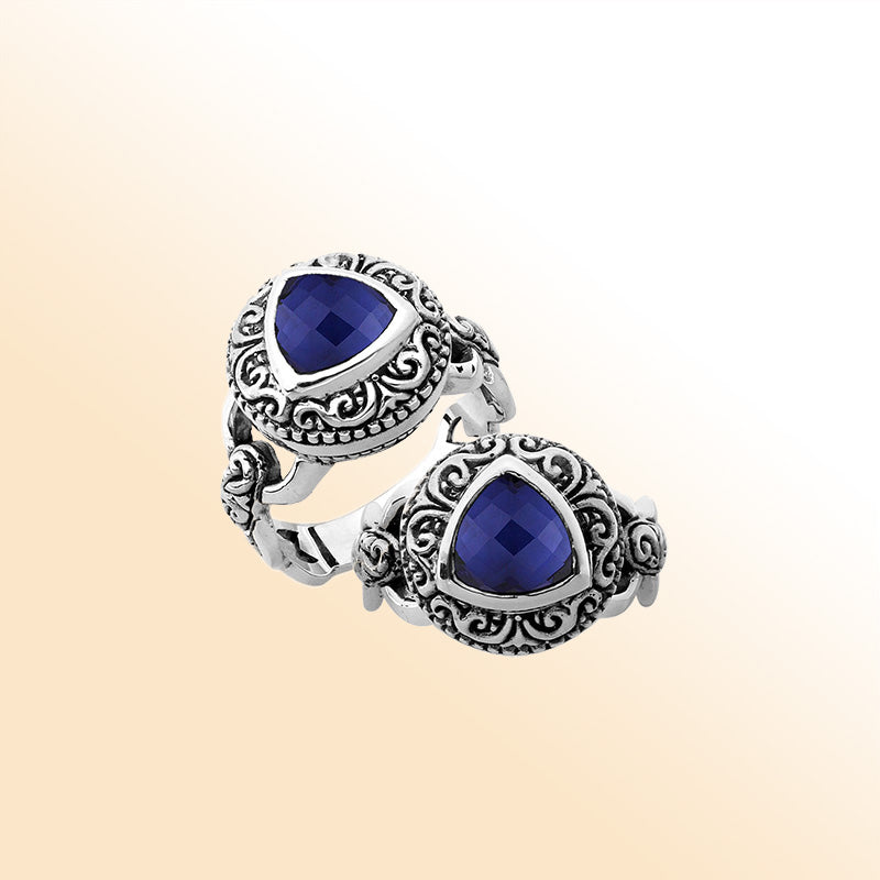 Elegant sterling silver triangle shape Sapphire ring with Balinese handcrafted detailing