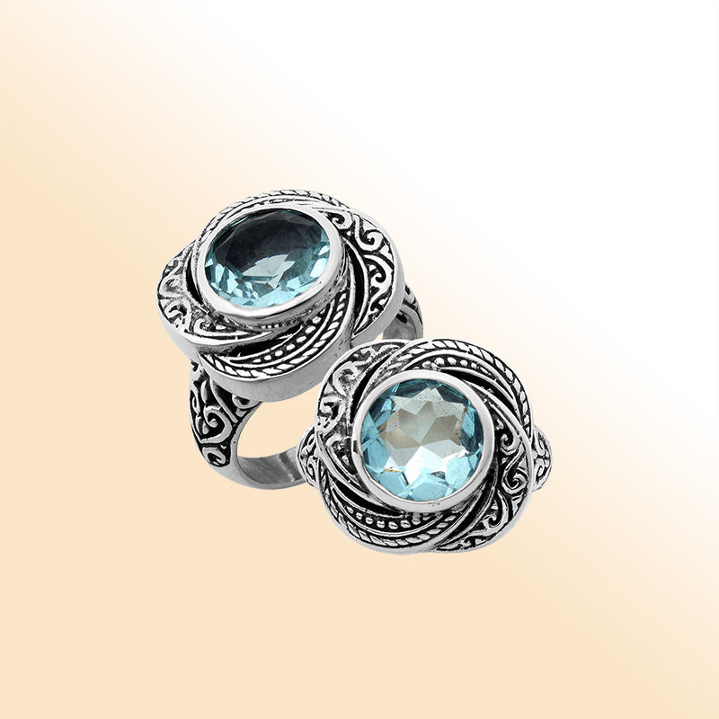 Elegant sterling silver round shape Blue Topaz ring with Balinese handcrafted detailing