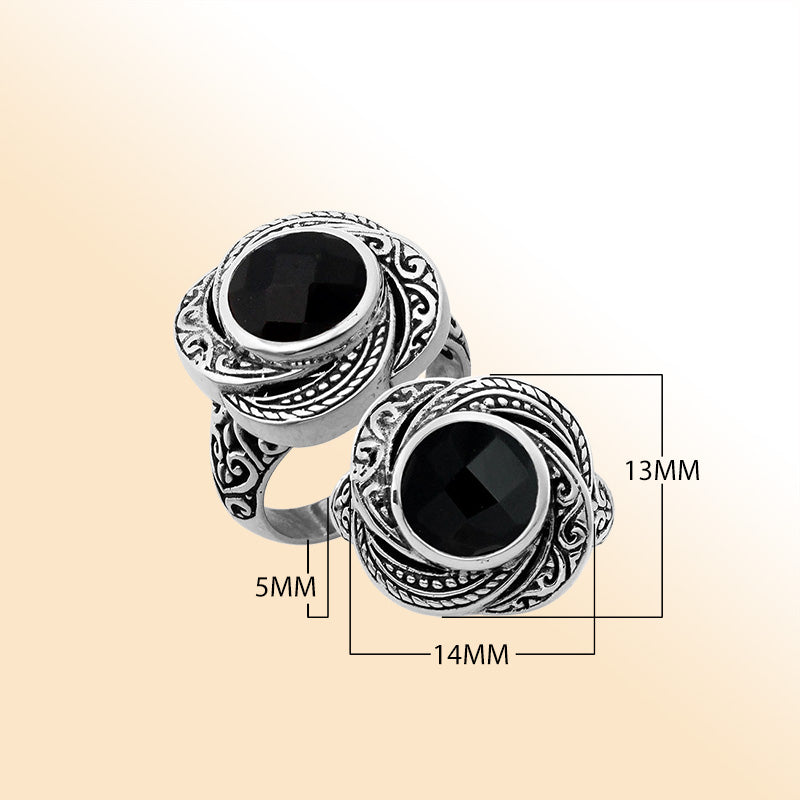 Elegant sterling silver round shape Black Onyx ring with Balinese handcrafted detailing